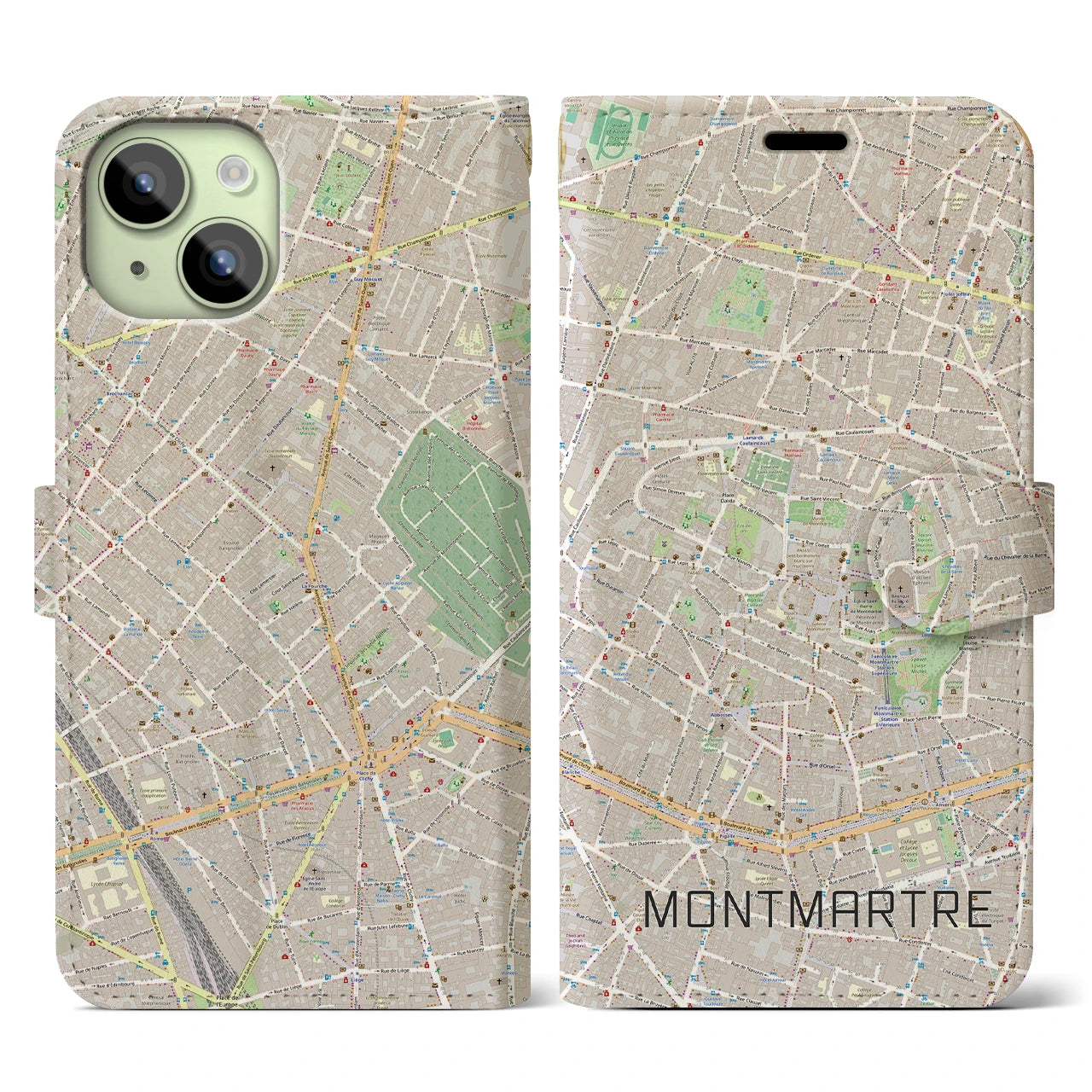【モンマルトル(フランス)】地図柄iPhoneケース(手帳タイプ)モノトーン・iPhone 15 用