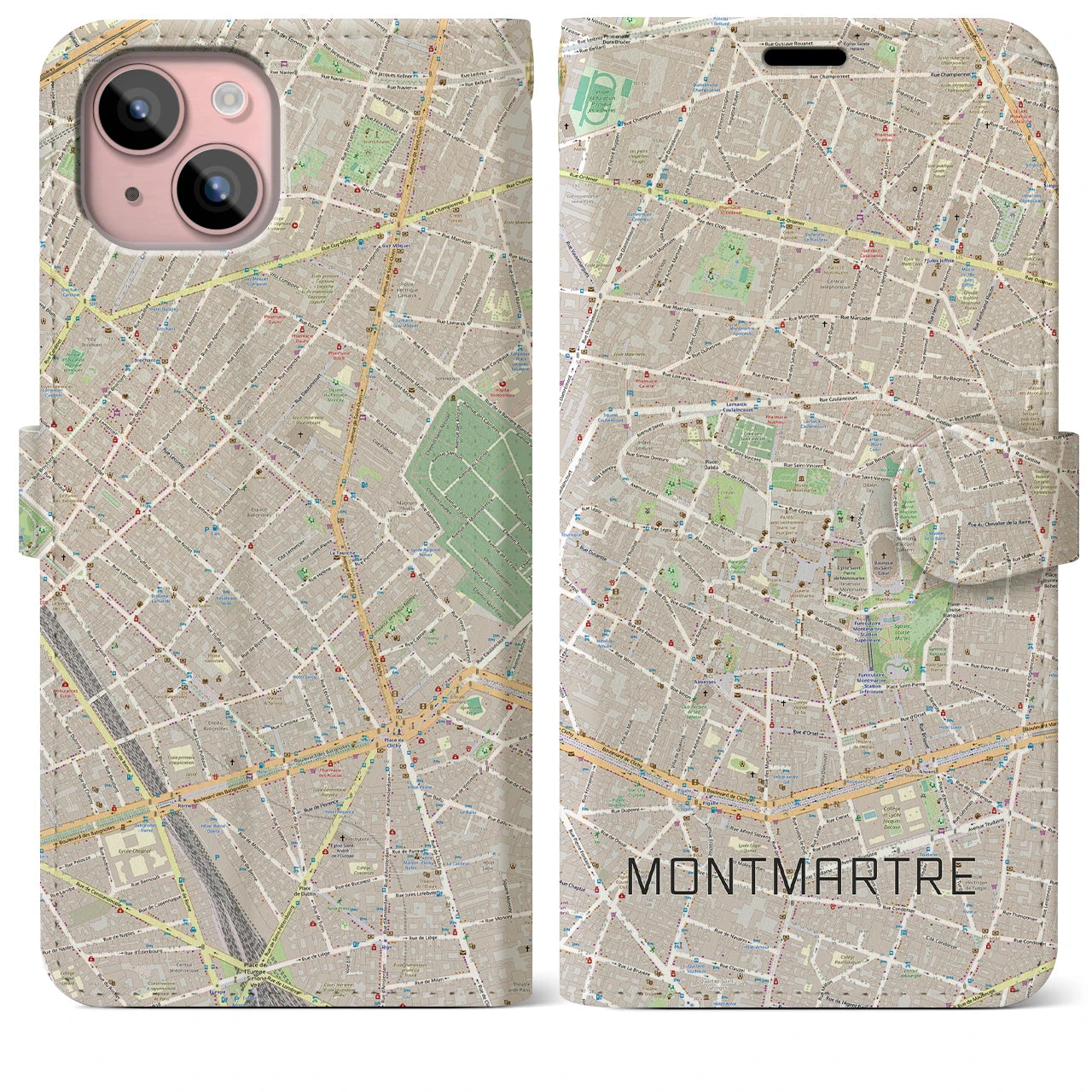 【モンマルトル(フランス)】地図柄iPhoneケース(手帳タイプ)モノトーン・iPhone 15 Plus 用