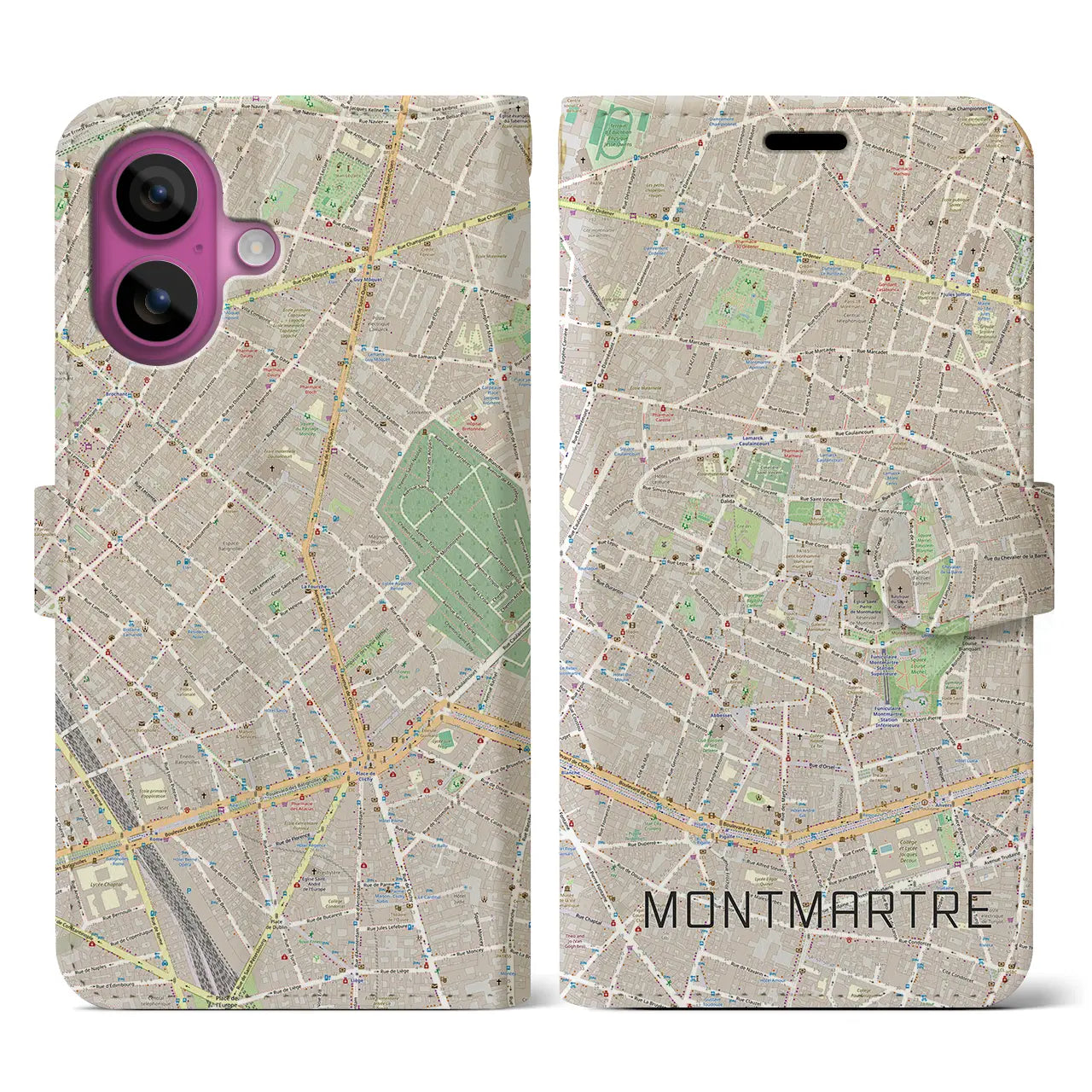 【モンマルトル(フランス)】地図柄iPhoneケース(手帳タイプ)ナチュラル・iPhone 16 Pro 用