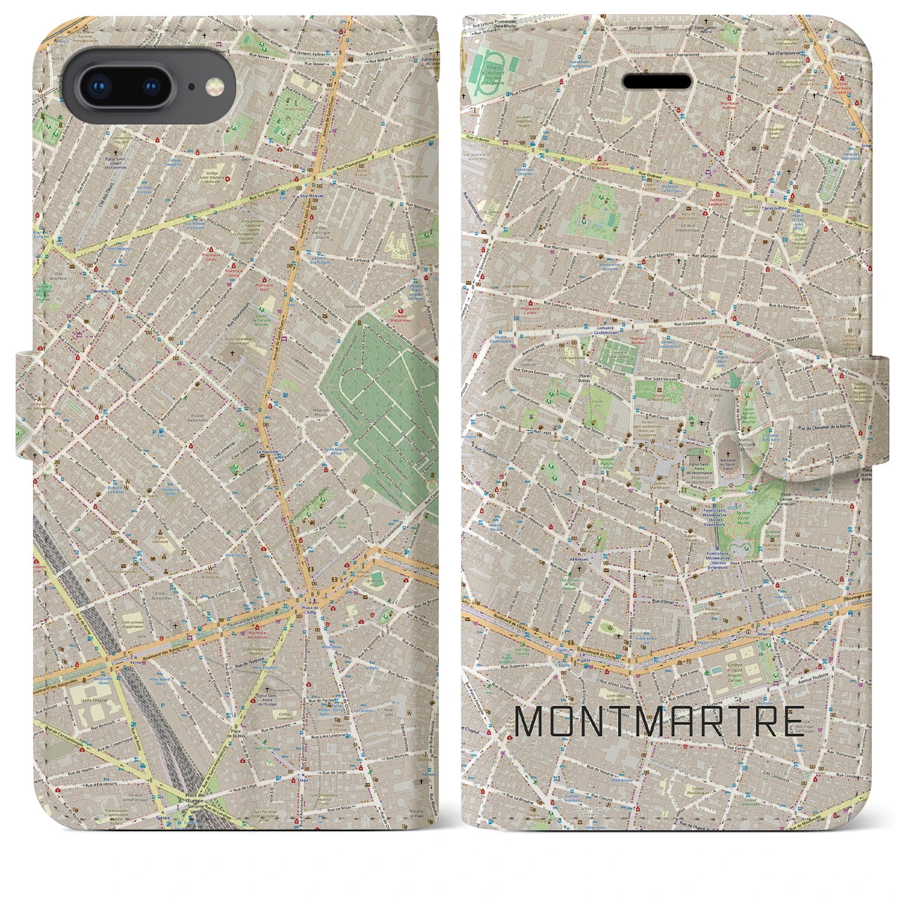 【モンマルトル(フランス)】地図柄iPhoneケース(手帳タイプ)モノトーン・iPhone 8Plus /7Plus / 6sPlus / 6Plus 用