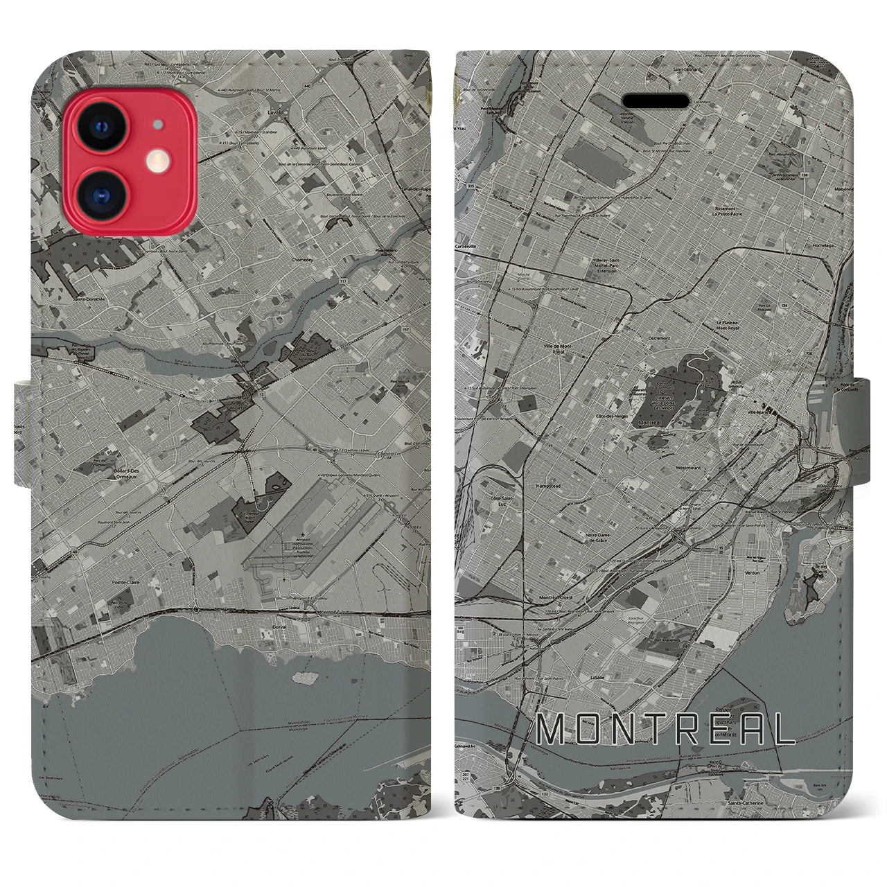 【モントリオール(カナダ)】地図柄iPhoneケース(手帳タイプ)モノトーン・iPhone 11 用