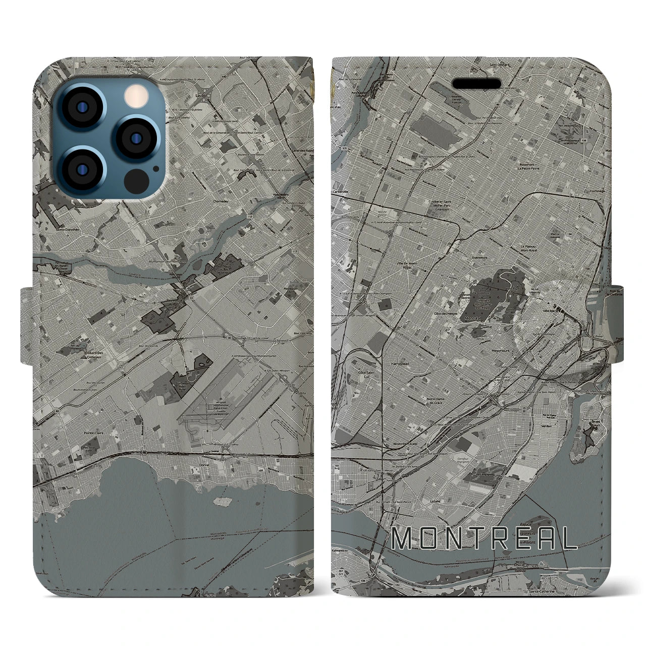 【モントリオール(カナダ)】地図柄iPhoneケース(手帳タイプ)モノトーン・iPhone 12 / 12 Pro 用