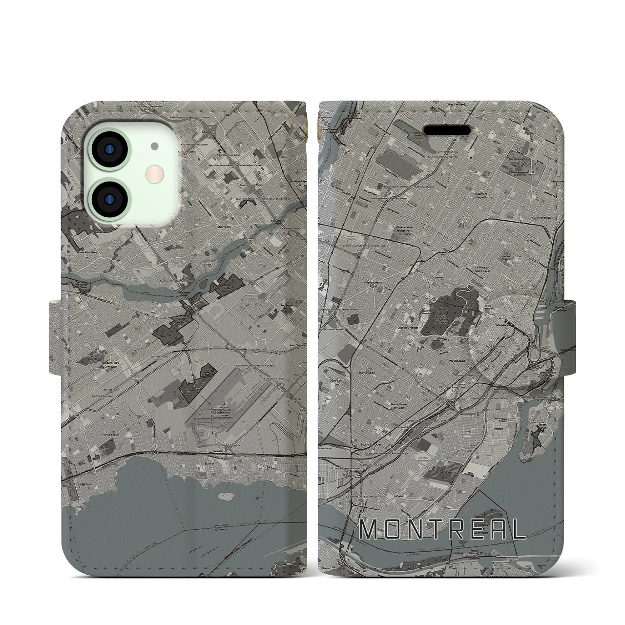 【モントリオール(カナダ)】地図柄iPhoneケース(手帳タイプ)モノトーン・iPhone 12 mini 用