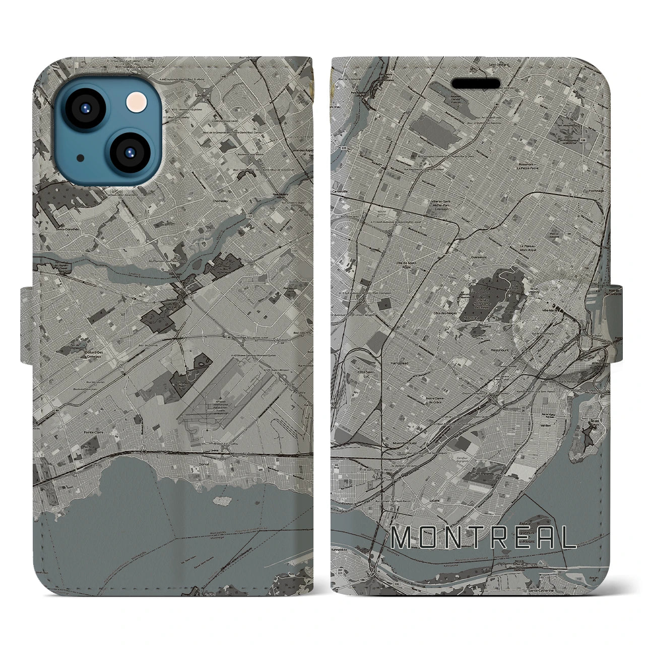 【モントリオール(カナダ)】地図柄iPhoneケース(手帳タイプ)モノトーン・iPhone 13 用