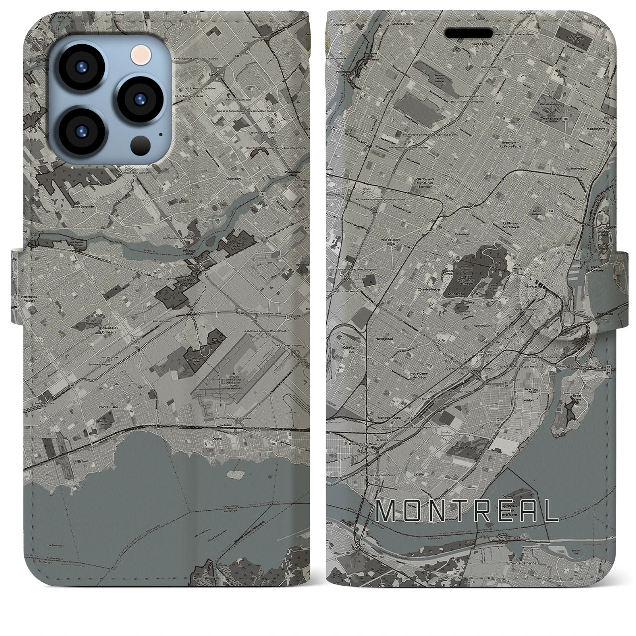 【モントリオール(カナダ)】地図柄iPhoneケース(手帳タイプ)モノトーン・iPhone 13 Pro Max 用