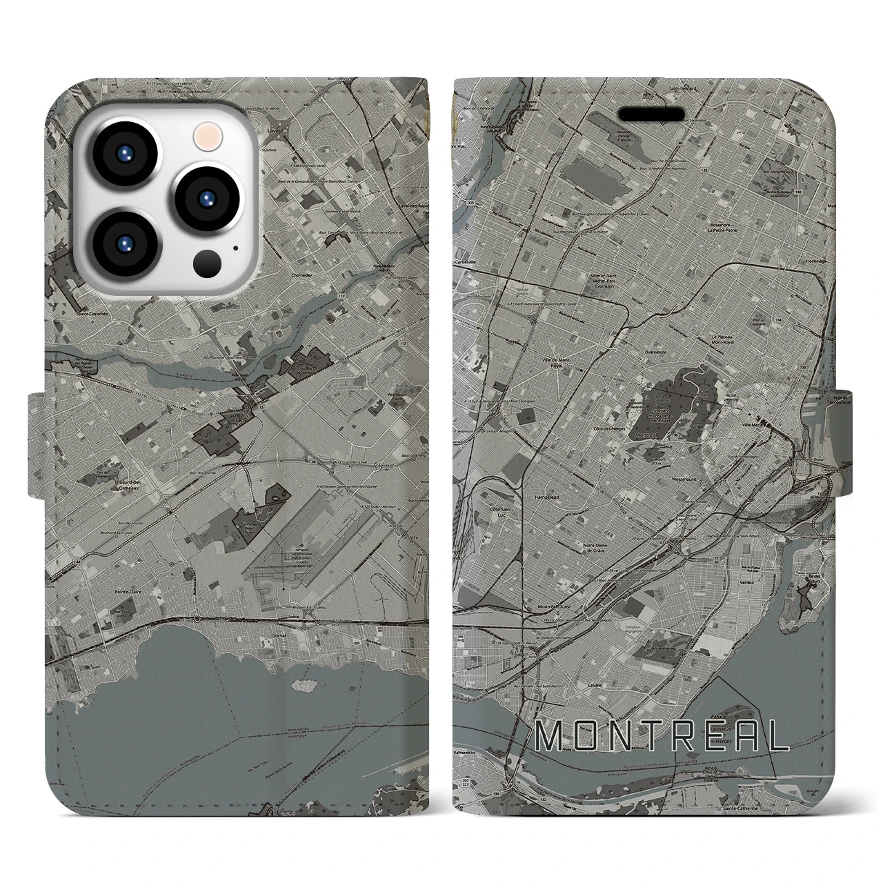 【モントリオール(カナダ)】地図柄iPhoneケース(手帳タイプ)モノトーン・iPhone 13 Pro 用