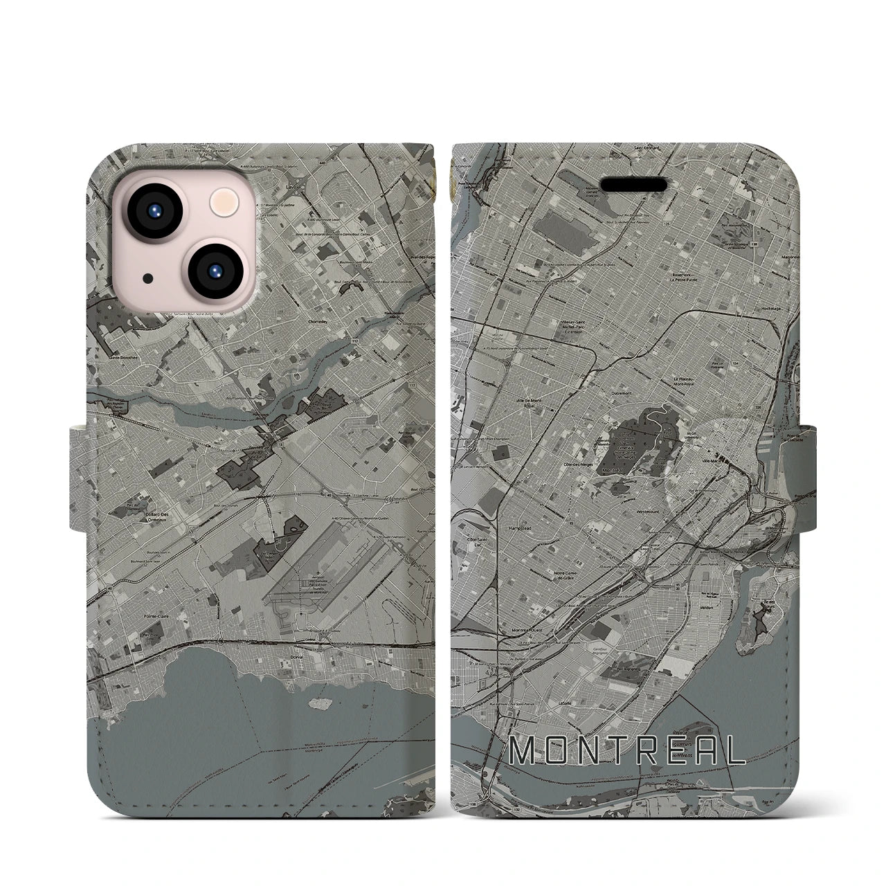 【モントリオール(カナダ)】地図柄iPhoneケース(手帳タイプ)モノトーン・iPhone 13 mini 用