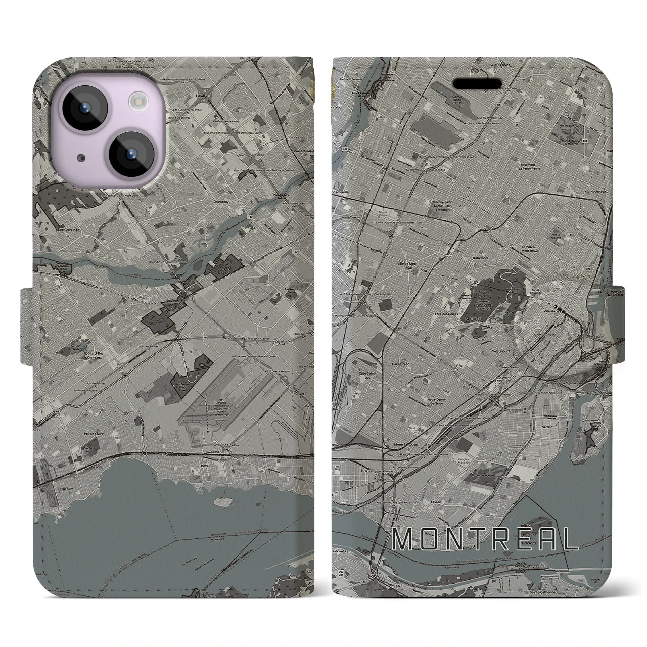 【モントリオール(カナダ)】地図柄iPhoneケース(手帳タイプ)モノトーン・iPhone 14 用