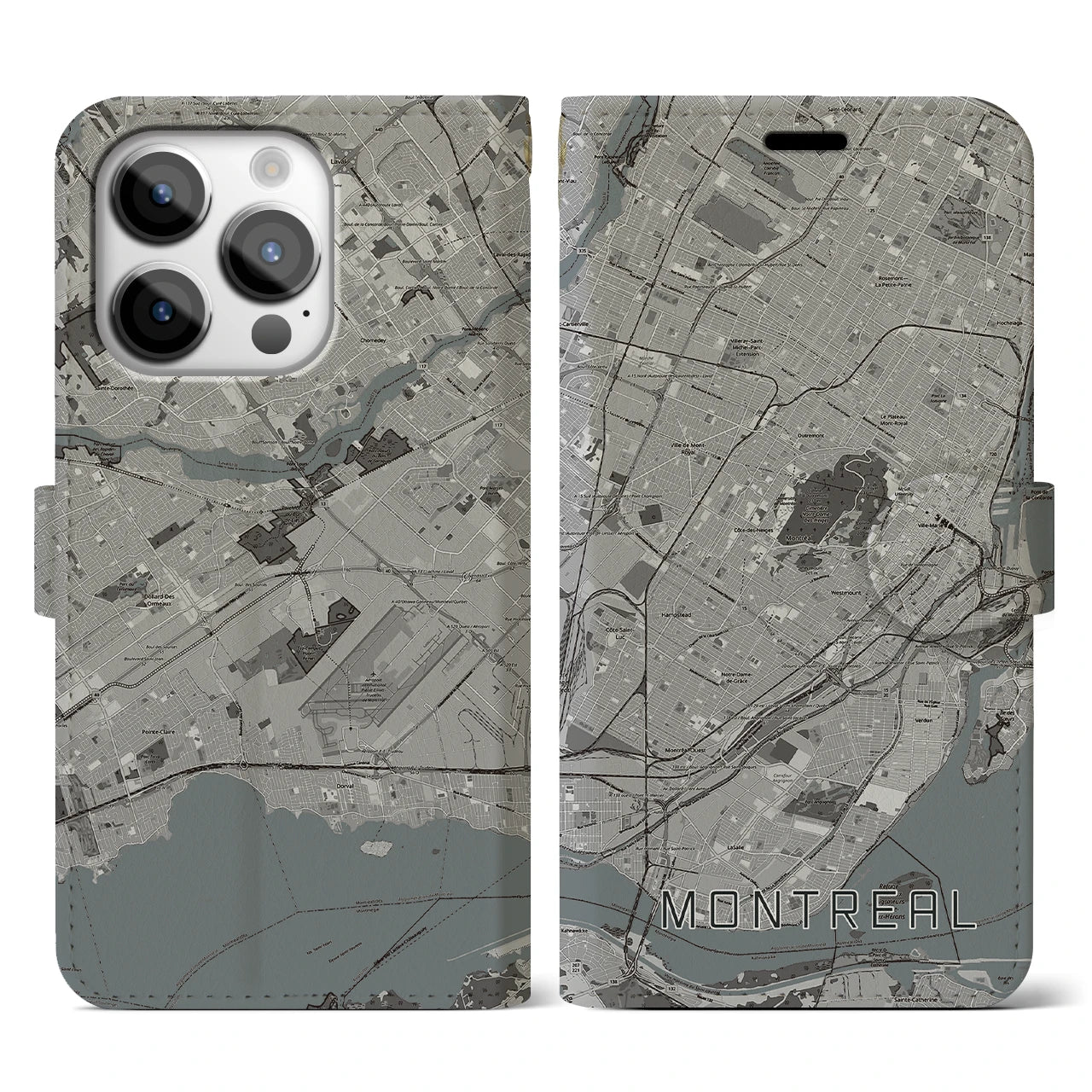 【モントリオール(カナダ)】地図柄iPhoneケース(手帳タイプ)モノトーン・iPhone 14 Pro 用