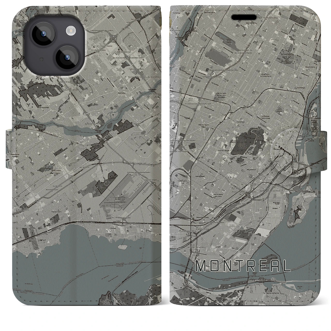 【モントリオール(カナダ)】地図柄iPhoneケース(手帳タイプ)モノトーン・iPhone 14 Plus 用