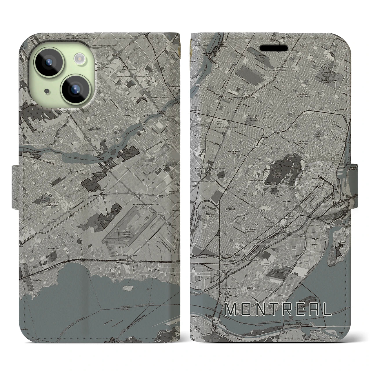 【モントリオール(カナダ)】地図柄iPhoneケース(手帳タイプ)モノトーン・iPhone 15 用
