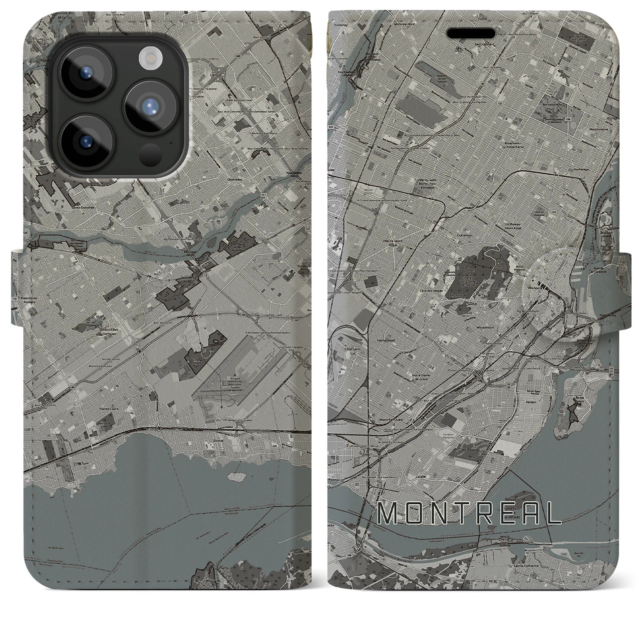 【モントリオール(カナダ)】地図柄iPhoneケース(手帳タイプ)モノトーン・iPhone 15 Pro Max 用