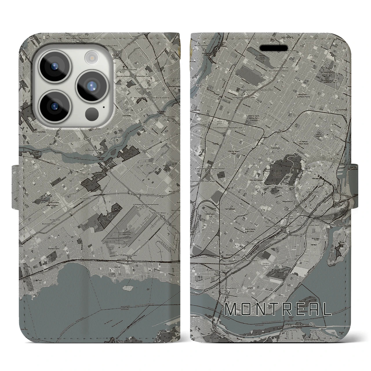 【モントリオール(カナダ)】地図柄iPhoneケース(手帳タイプ)モノトーン・iPhone 15 Pro 用