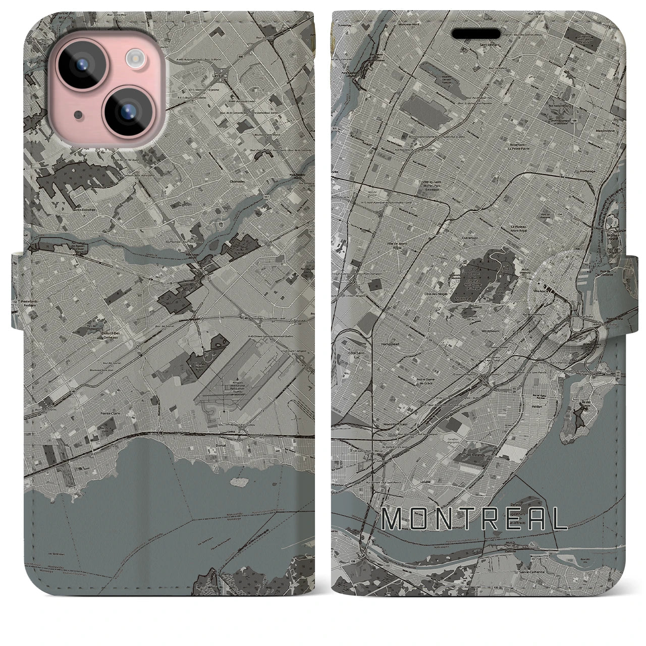 【モントリオール(カナダ)】地図柄iPhoneケース(手帳タイプ)モノトーン・iPhone 15 Plus 用