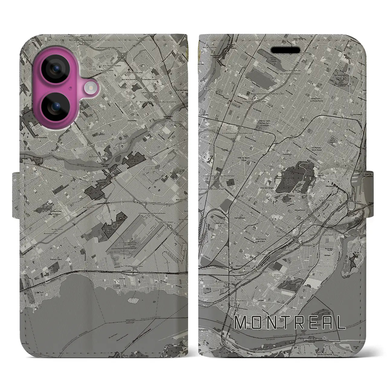 【モントリオール(カナダ)】地図柄iPhoneケース(手帳タイプ)モノトーン・iPhone 16 Pro 用