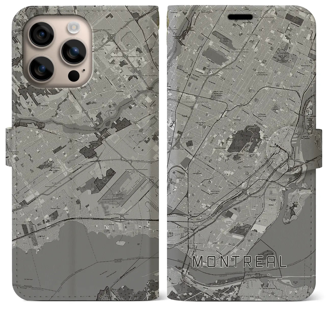 【モントリオール(カナダ)】地図柄iPhoneケース(手帳タイプ)モノトーン・iPhone 16 Plus 用