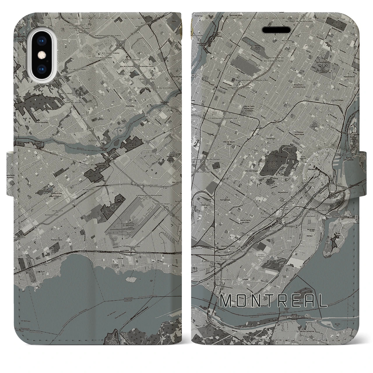 【モントリオール(カナダ)】地図柄iPhoneケース(手帳タイプ)モノトーン・iPhone XS Max 用