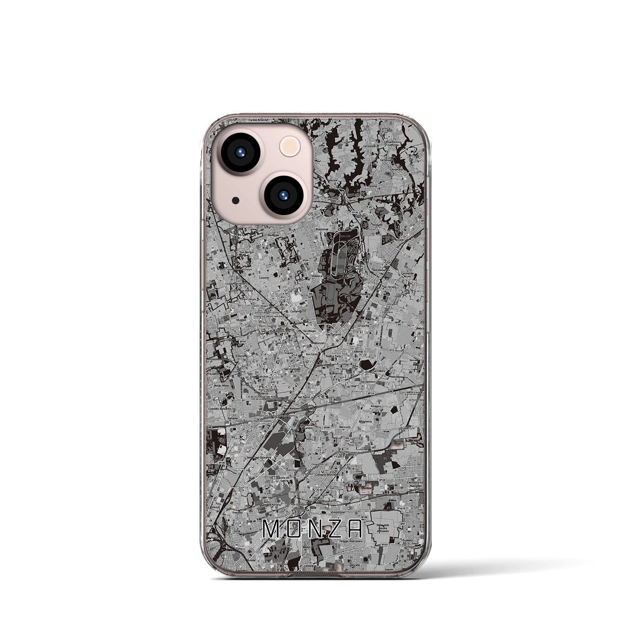 【モンツァ(イタリア)】地図柄iPhoneケース(クリアタイプ)モノトーン・iPhone 13 mini 用
