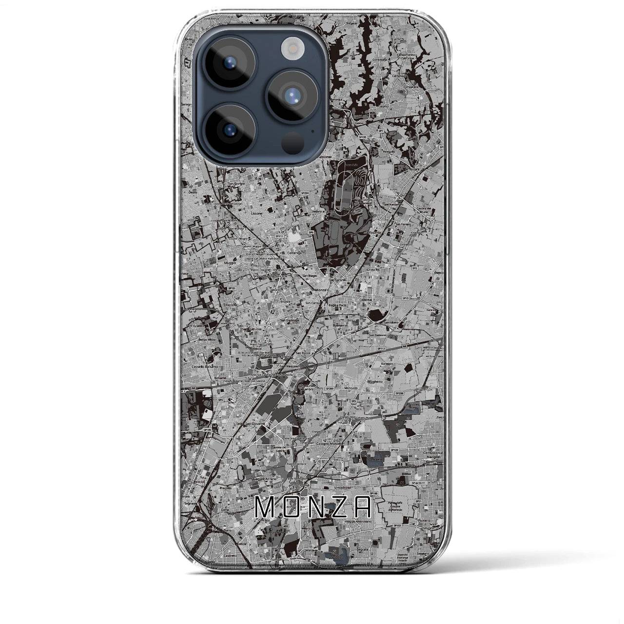 【モンツァ(イタリア)】地図柄iPhoneケース(クリアタイプ)モノトーン・iPhone 15 Pro Max 用
