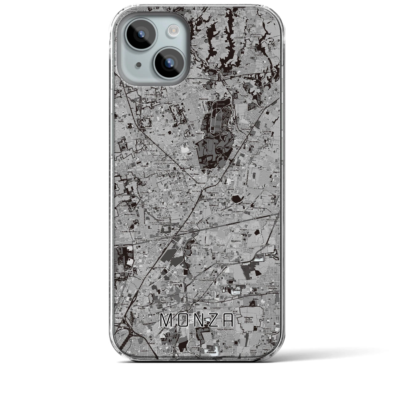 【モンツァ(イタリア)】地図柄iPhoneケース(クリアタイプ)モノトーン・iPhone 15 Plus 用
