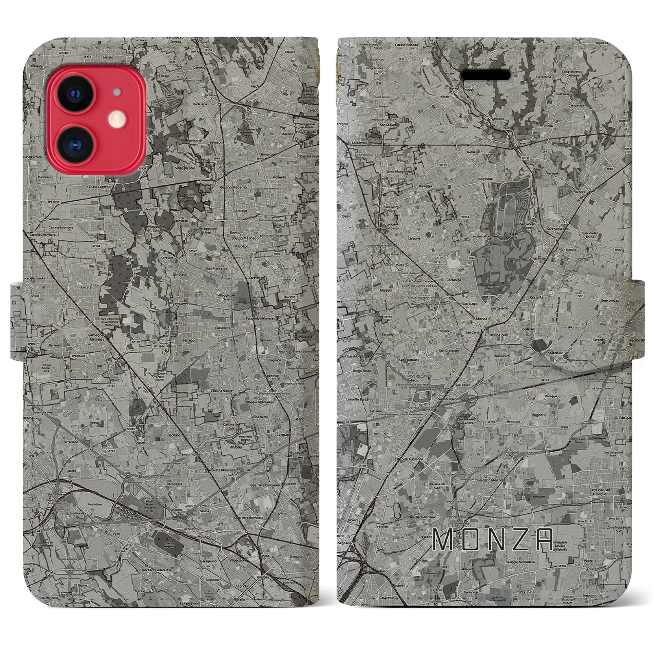 【モンツァ(イタリア)】地図柄iPhoneケース(手帳タイプ)モノトーン・iPhone 11 用