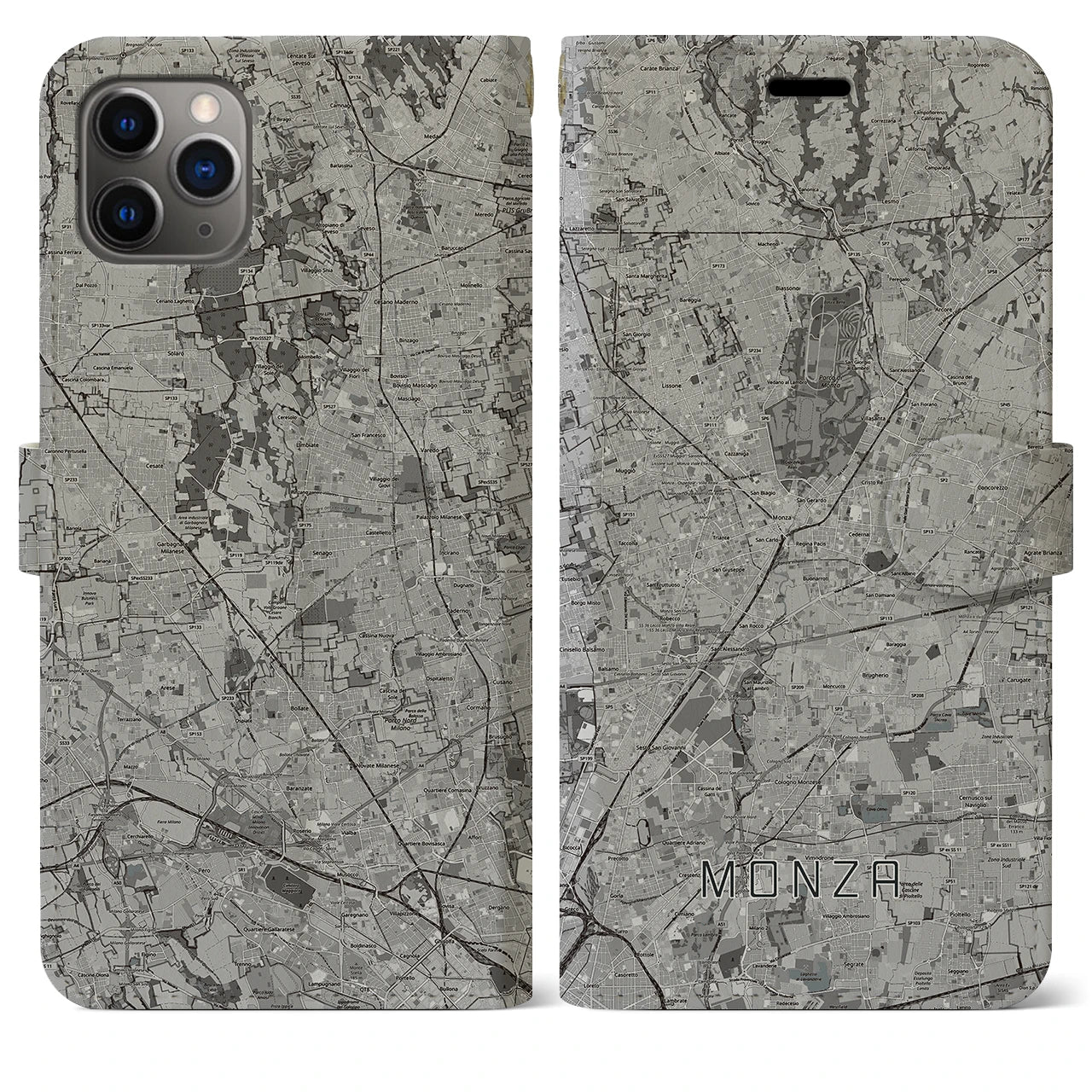 【モンツァ(イタリア)】地図柄iPhoneケース(手帳タイプ)モノトーン・iPhone 11 Pro Max 用