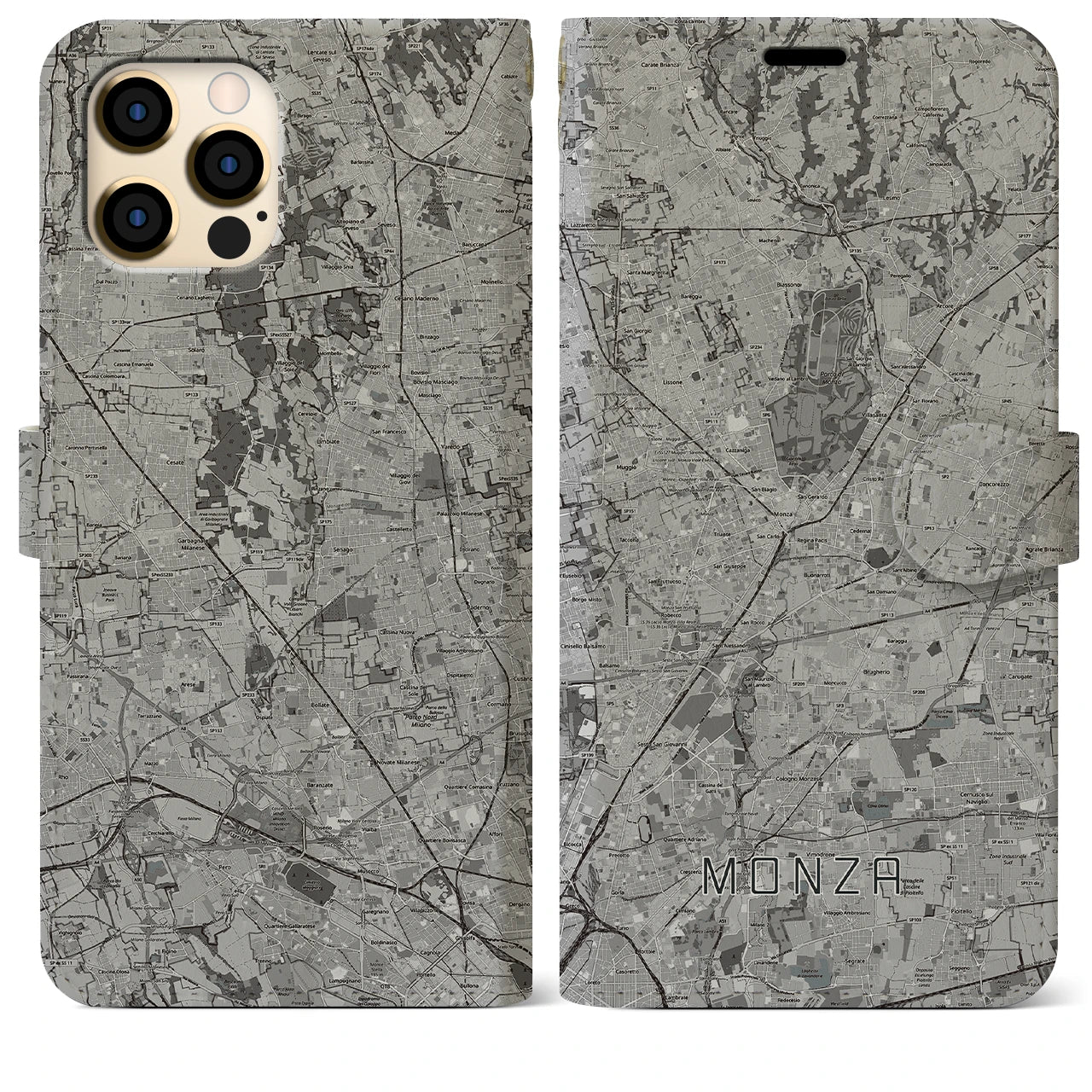 【モンツァ(イタリア)】地図柄iPhoneケース(手帳タイプ)モノトーン・iPhone 12 Pro Max 用