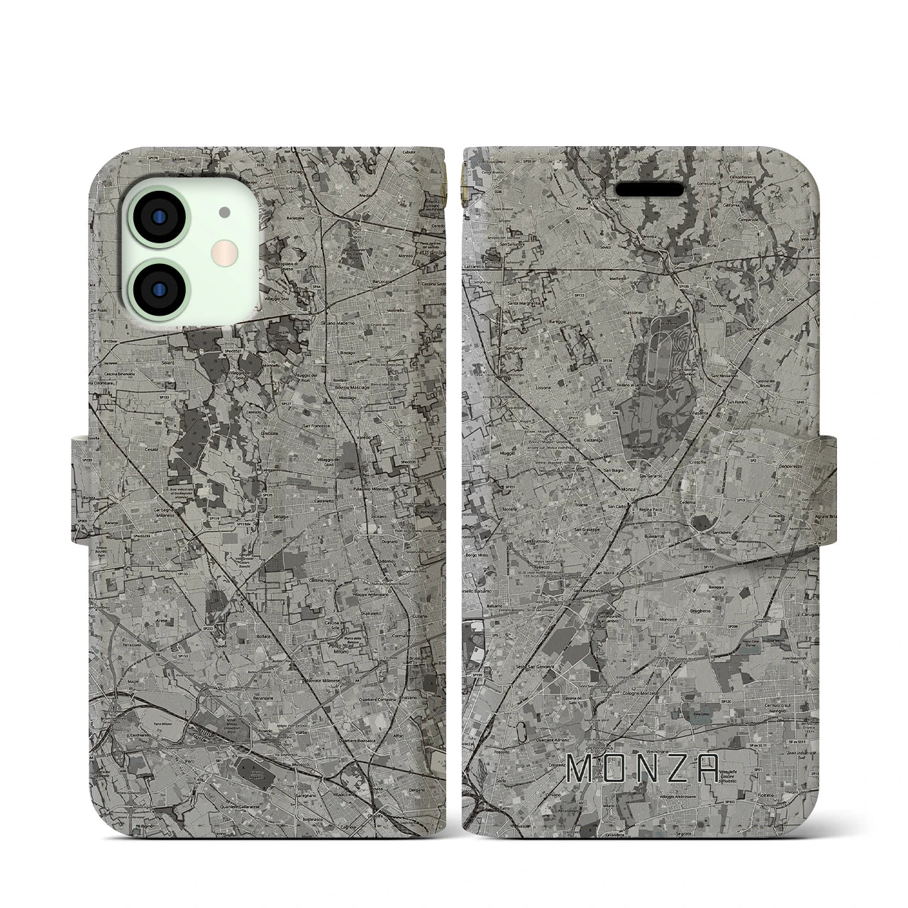 【モンツァ(イタリア)】地図柄iPhoneケース(手帳タイプ)モノトーン・iPhone 12 mini 用