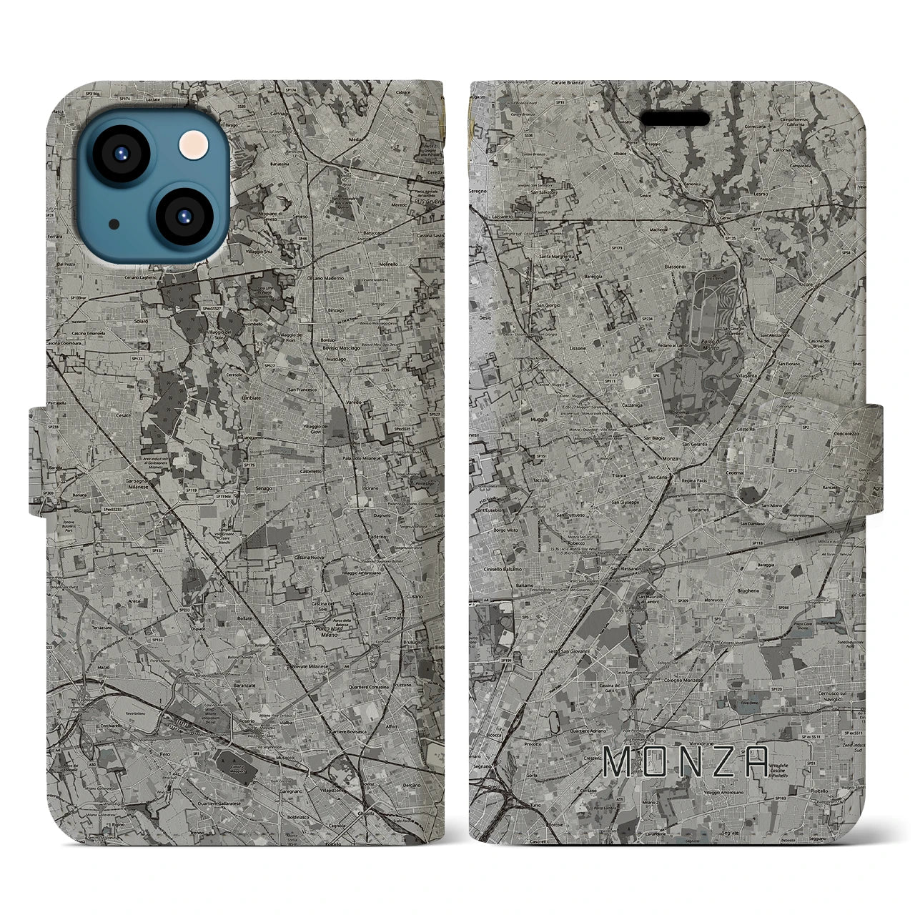 【モンツァ(イタリア)】地図柄iPhoneケース(手帳タイプ)モノトーン・iPhone 13 用