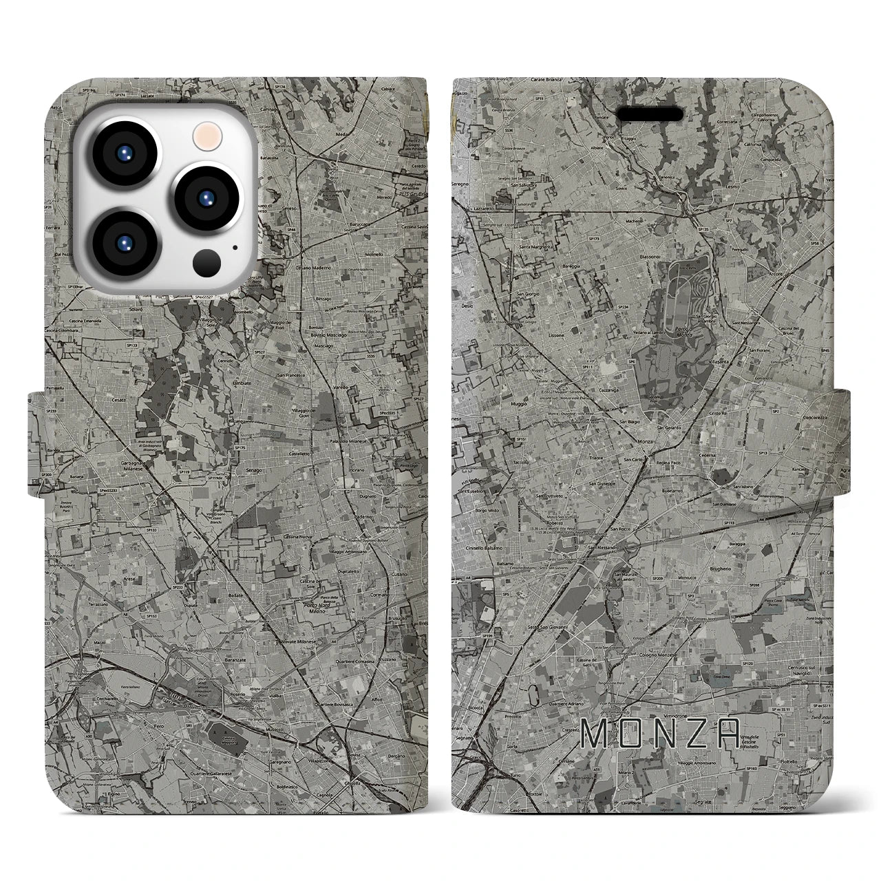 【モンツァ(イタリア)】地図柄iPhoneケース(手帳タイプ)モノトーン・iPhone 13 Pro 用