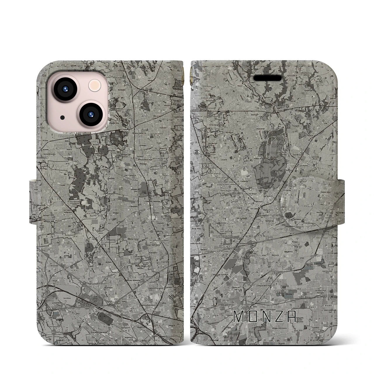 【モンツァ(イタリア)】地図柄iPhoneケース(手帳タイプ)モノトーン・iPhone 13 mini 用