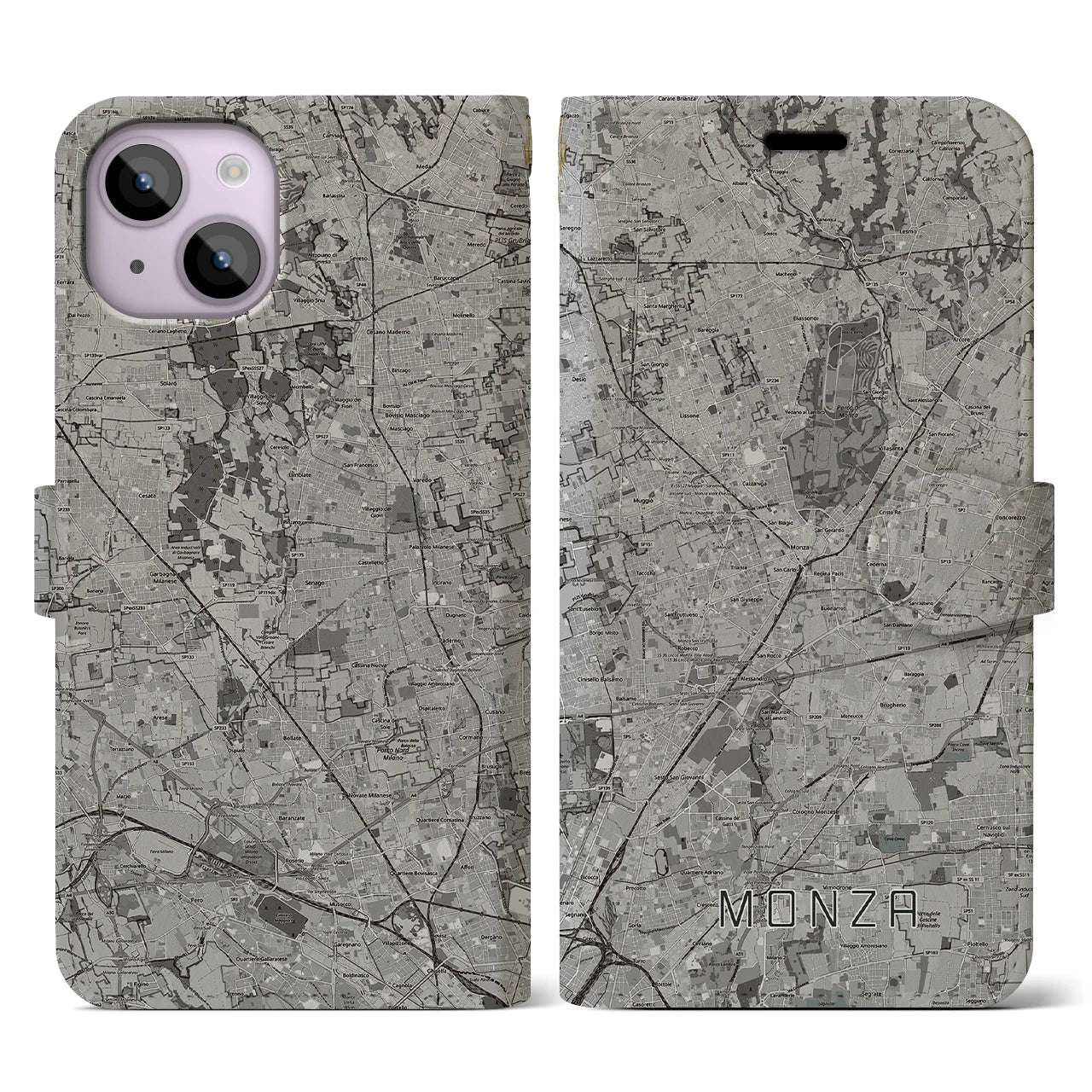 【モンツァ(イタリア)】地図柄iPhoneケース(手帳タイプ)モノトーン・iPhone 14 用