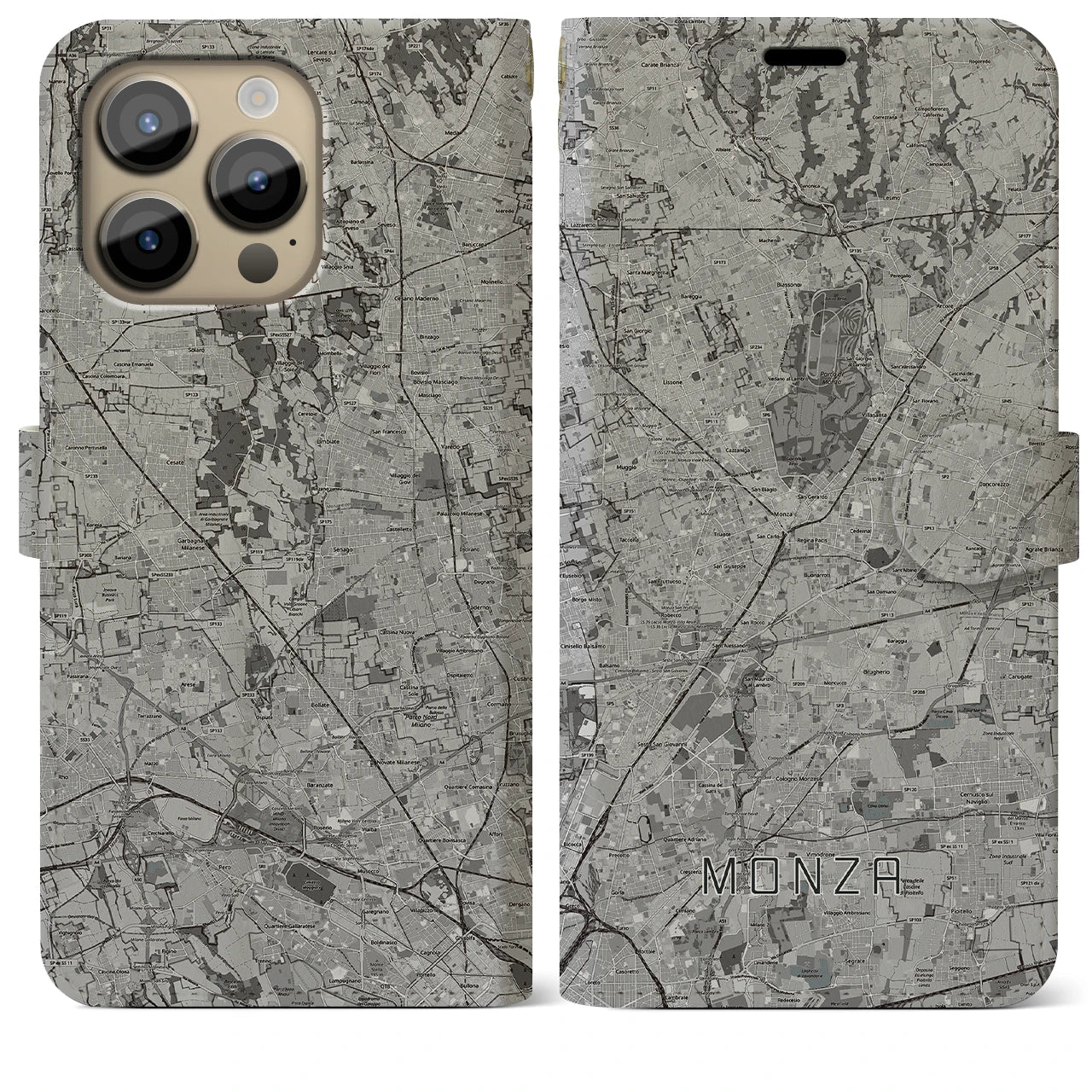 【モンツァ(イタリア)】地図柄iPhoneケース(手帳タイプ)モノトーン・iPhone 14 Pro Max 用