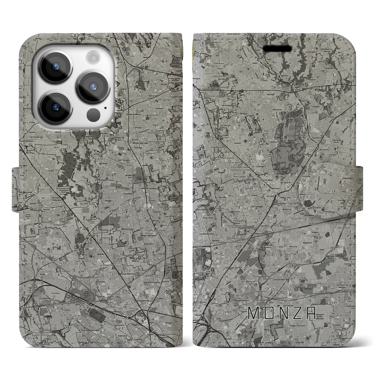 【モンツァ(イタリア)】地図柄iPhoneケース(手帳タイプ)モノトーン・iPhone 14 Pro 用