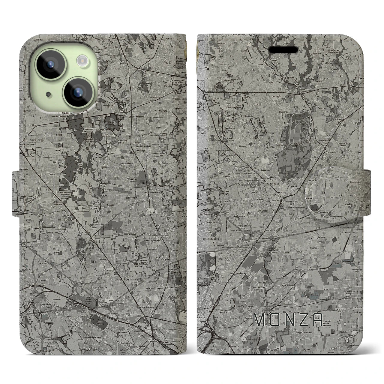 【モンツァ(イタリア)】地図柄iPhoneケース(手帳タイプ)モノトーン・iPhone 15 用
