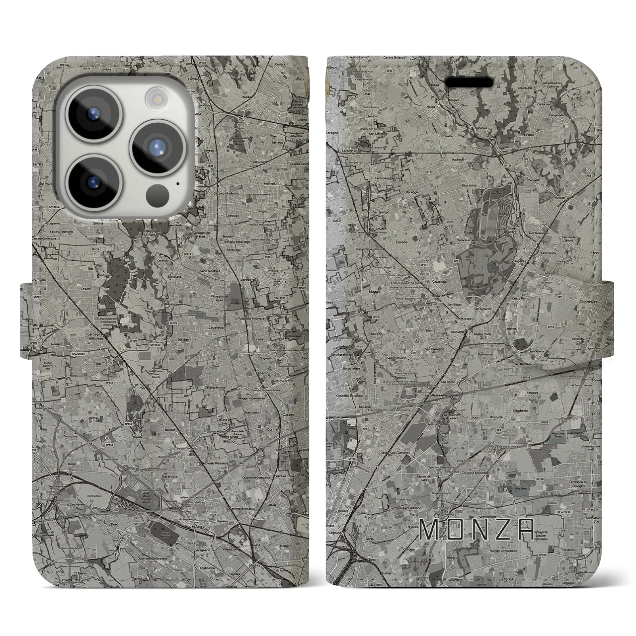 【モンツァ(イタリア)】地図柄iPhoneケース(手帳タイプ)モノトーン・iPhone 15 Pro 用