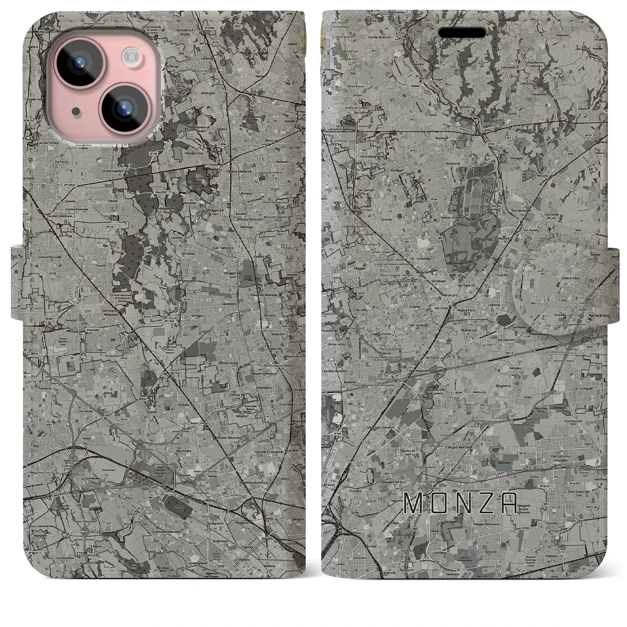 【モンツァ(イタリア)】地図柄iPhoneケース(手帳タイプ)モノトーン・iPhone 15 Plus 用