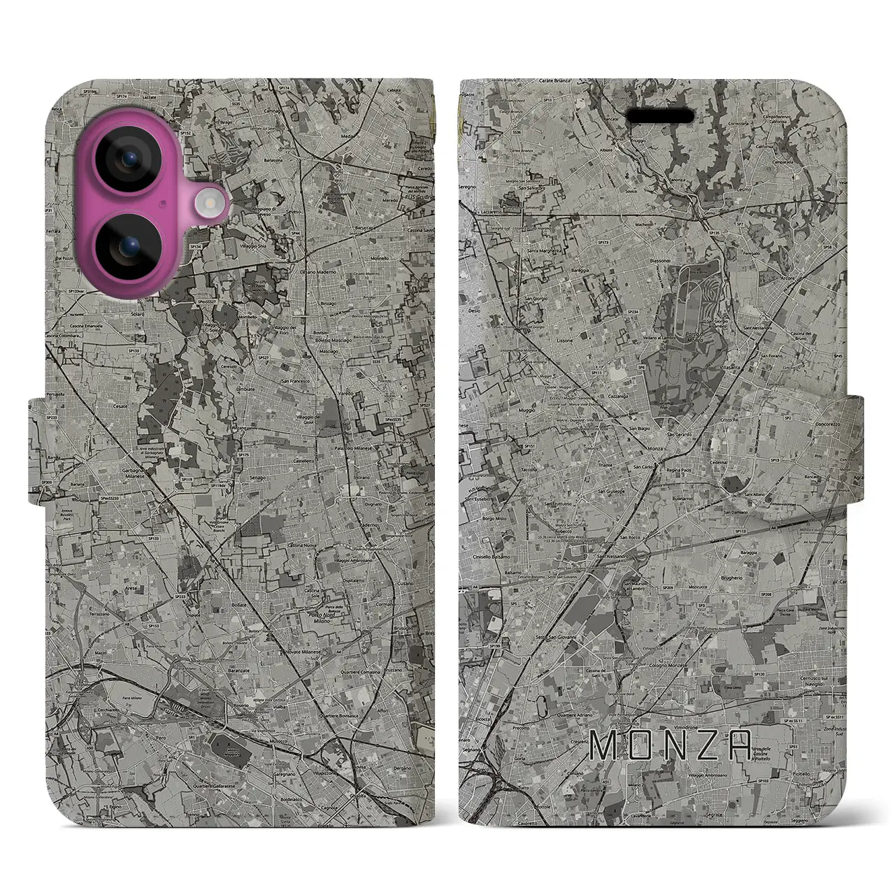 【モンツァ(イタリア)】地図柄iPhoneケース(手帳タイプ)モノトーン・iPhone 16 Pro 用