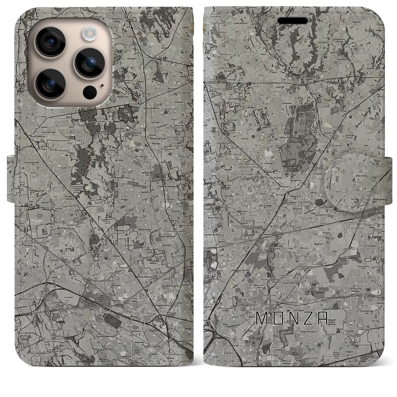 【モンツァ(イタリア)】地図柄iPhoneケース(手帳タイプ)モノトーン・iPhone 16 Plus 用