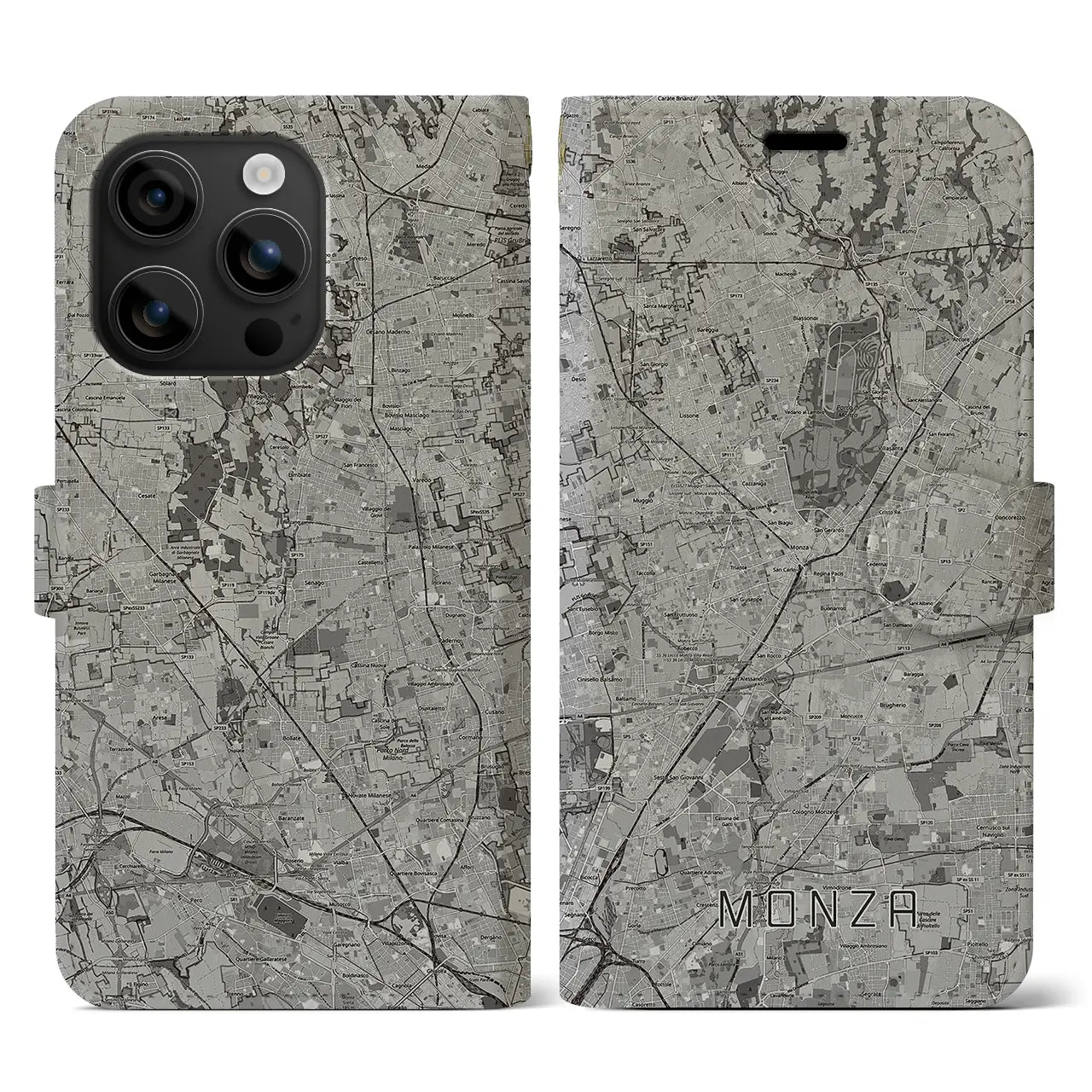 【モンツァ(イタリア)】地図柄iPhoneケース(手帳タイプ)モノトーン・iPhone 16 用