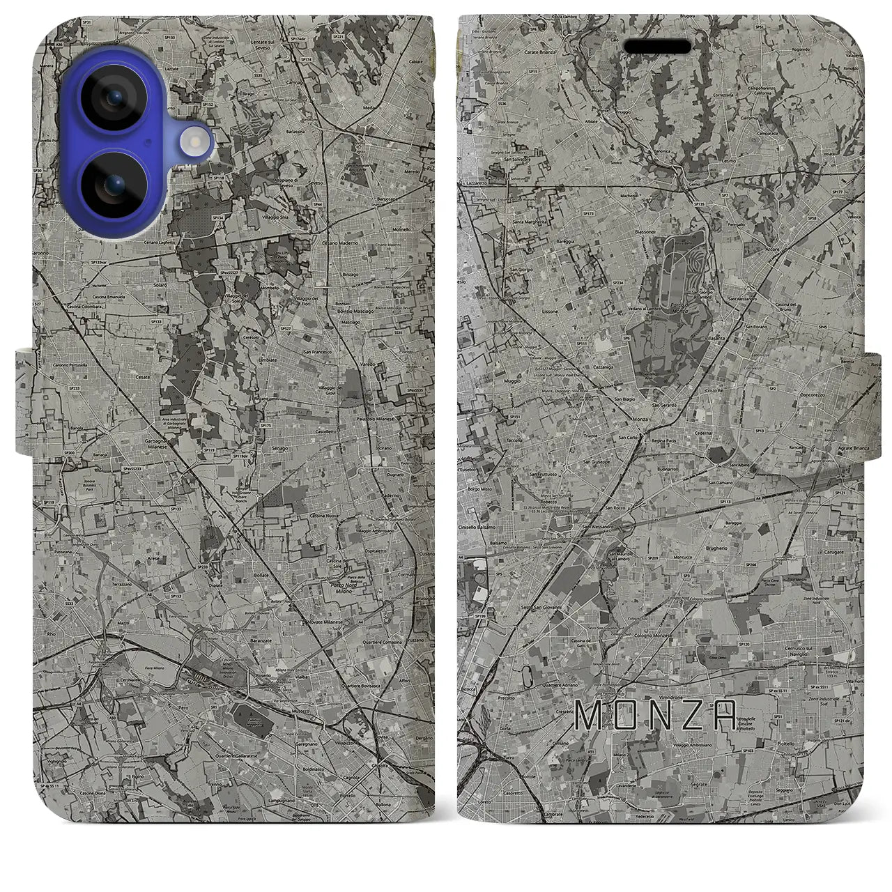 【モンツァ(イタリア)】地図柄iPhoneケース(手帳タイプ)モノトーン・iPhone 16 Pro Max 用