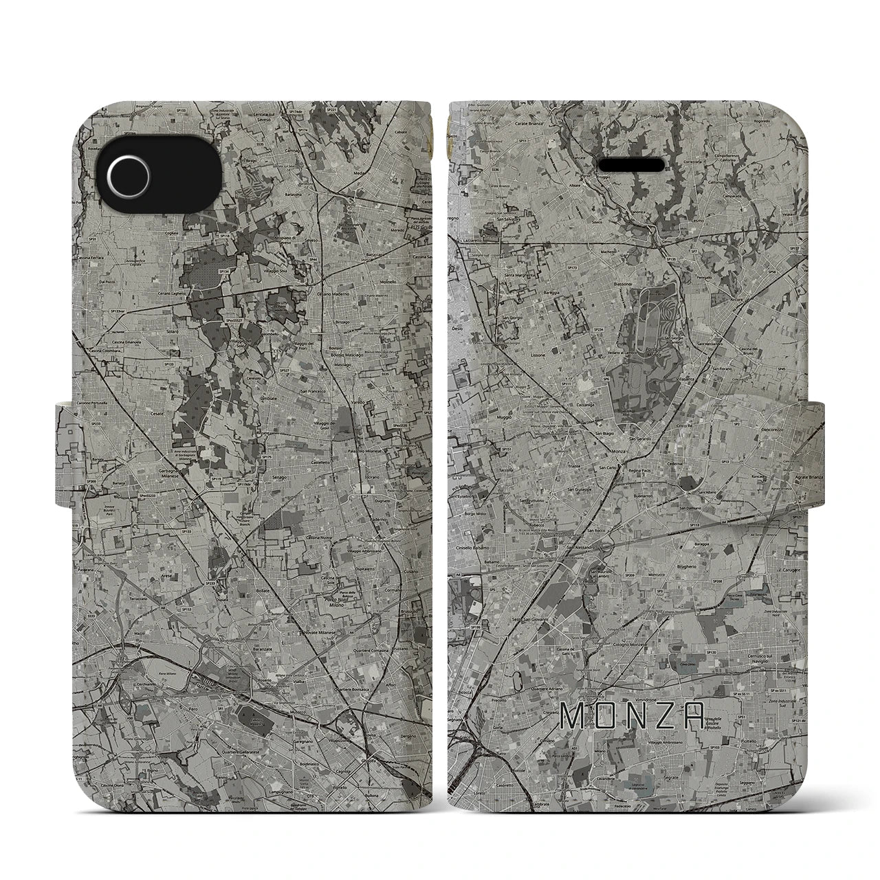 【モンツァ(イタリア)】地図柄iPhoneケース(手帳タイプ)モノトーン・iPhone SE(第3 / 第2世代) / 8 / 7 / 6s / 6 用