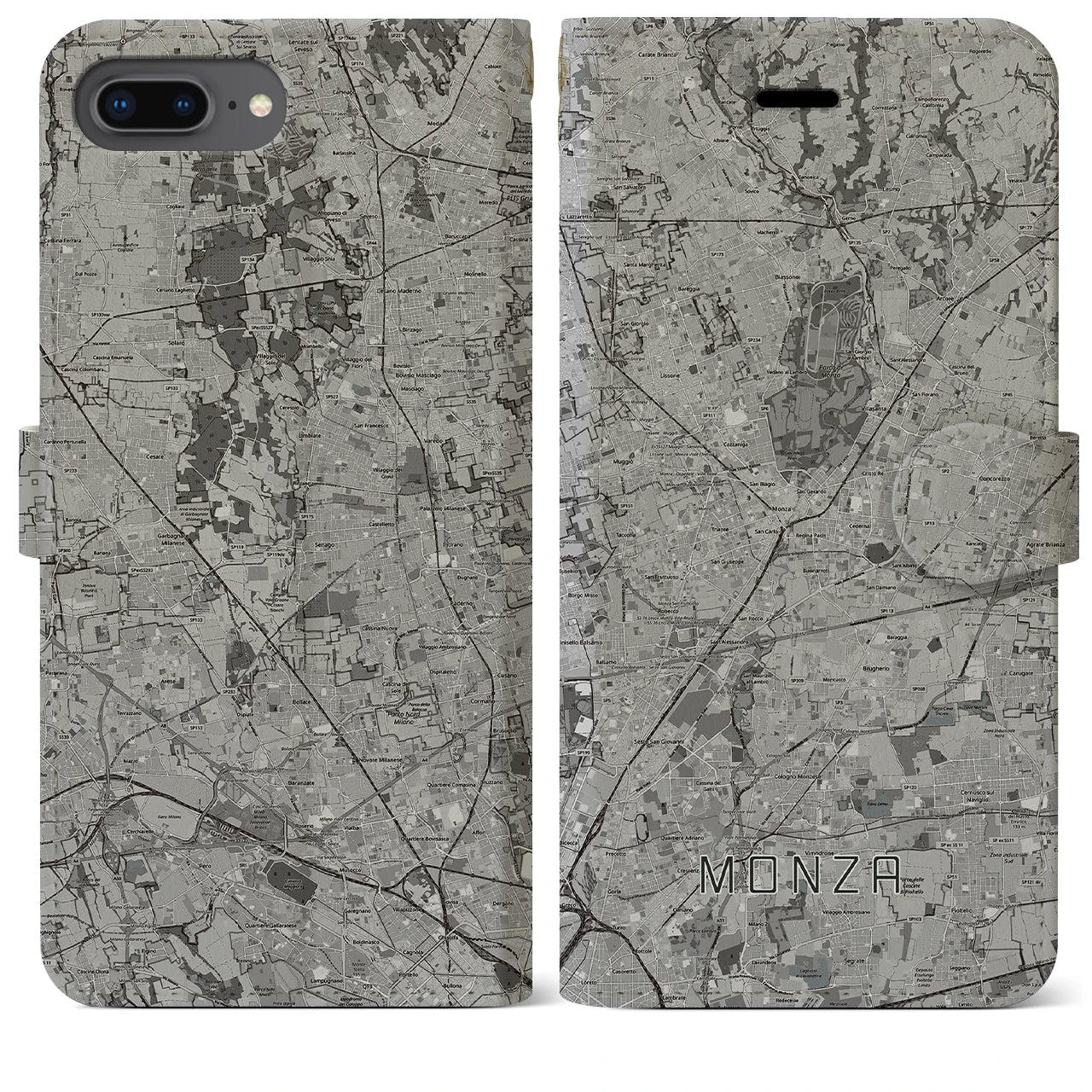 【モンツァ(イタリア)】地図柄iPhoneケース(手帳タイプ)モノトーン・iPhone 8Plus /7Plus / 6sPlus / 6Plus 用