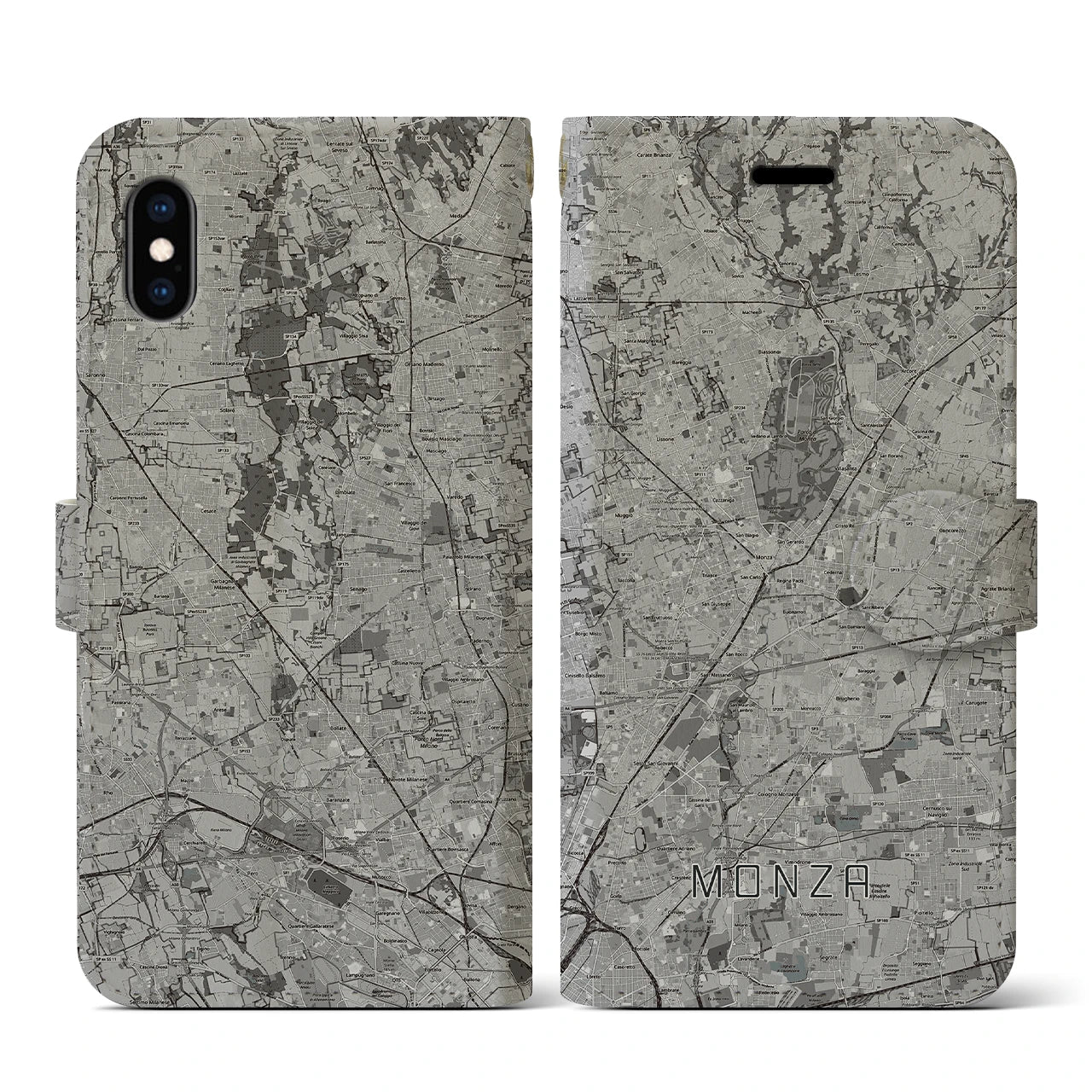 【モンツァ(イタリア)】地図柄iPhoneケース(手帳タイプ)モノトーン・iPhone XS / X 用