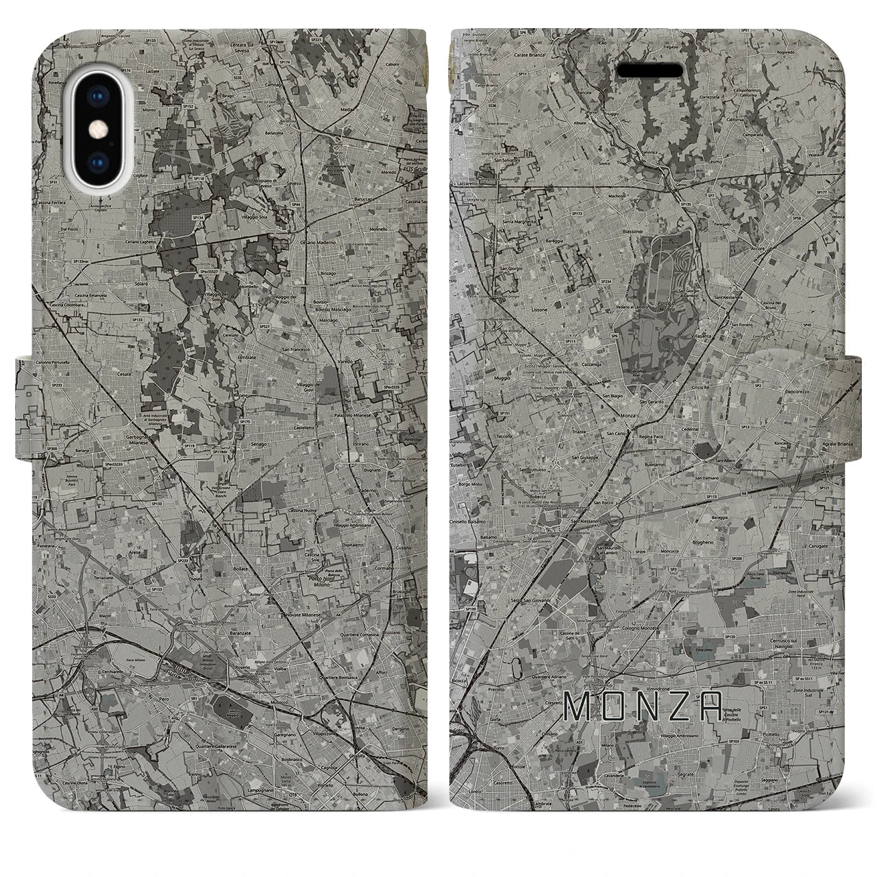 【モンツァ(イタリア)】地図柄iPhoneケース(手帳タイプ)モノトーン・iPhone XS Max 用