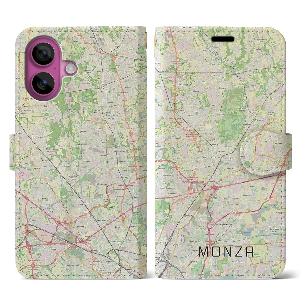 【モンツァ(イタリア)】地図柄iPhoneケース(手帳タイプ)ナチュラル・iPhone 16 Pro 用