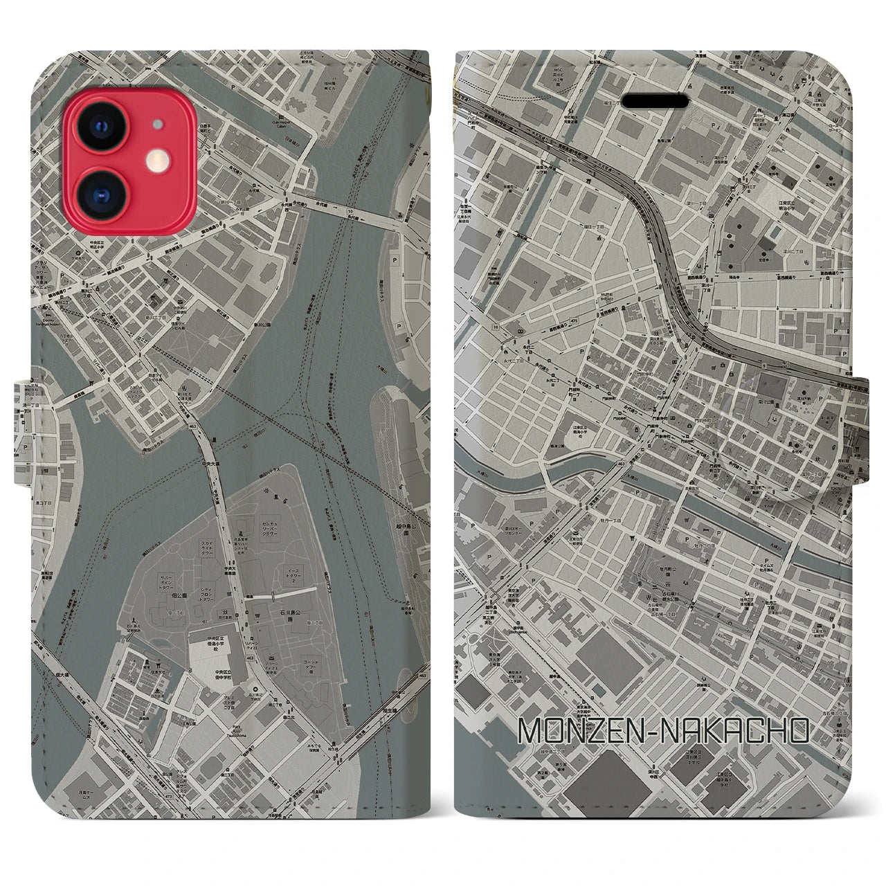 【門前仲町(東京都)】地図柄iPhoneケース(手帳タイプ)モノトーン・iPhone 11 用
