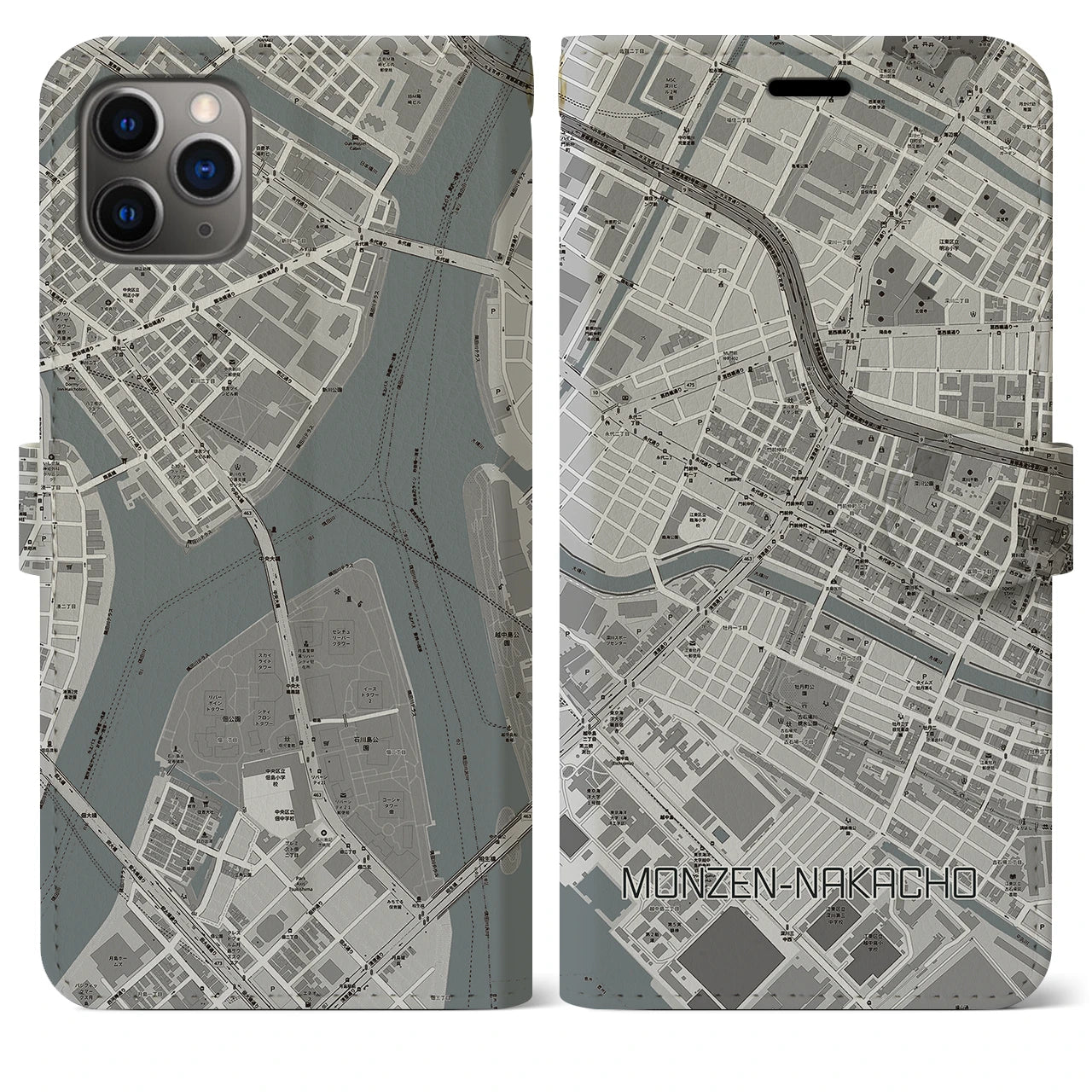 【門前仲町(東京都)】地図柄iPhoneケース(手帳タイプ)モノトーン・iPhone 11 Pro Max 用