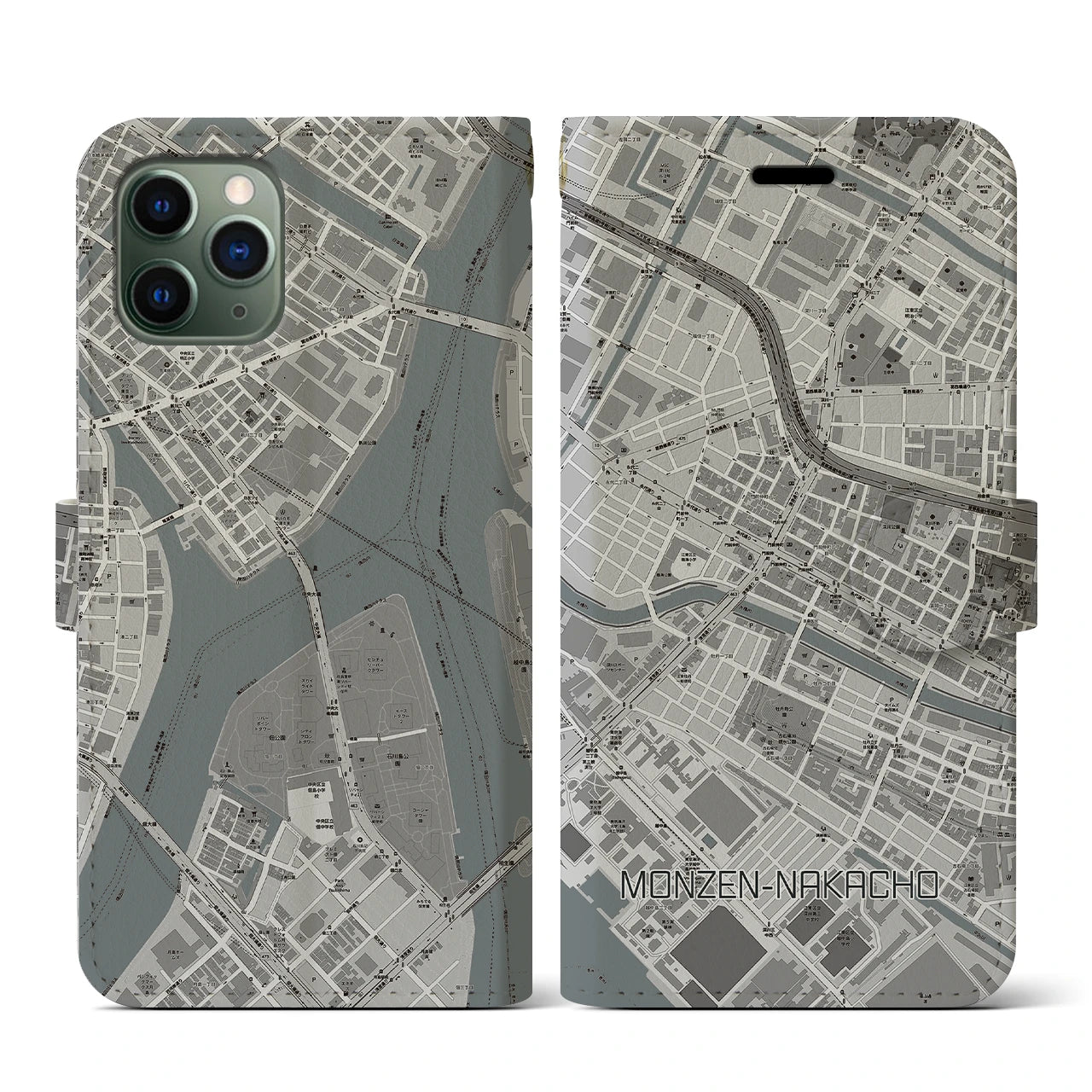 【門前仲町(東京都)】地図柄iPhoneケース(手帳タイプ)モノトーン・iPhone 11 Pro 用