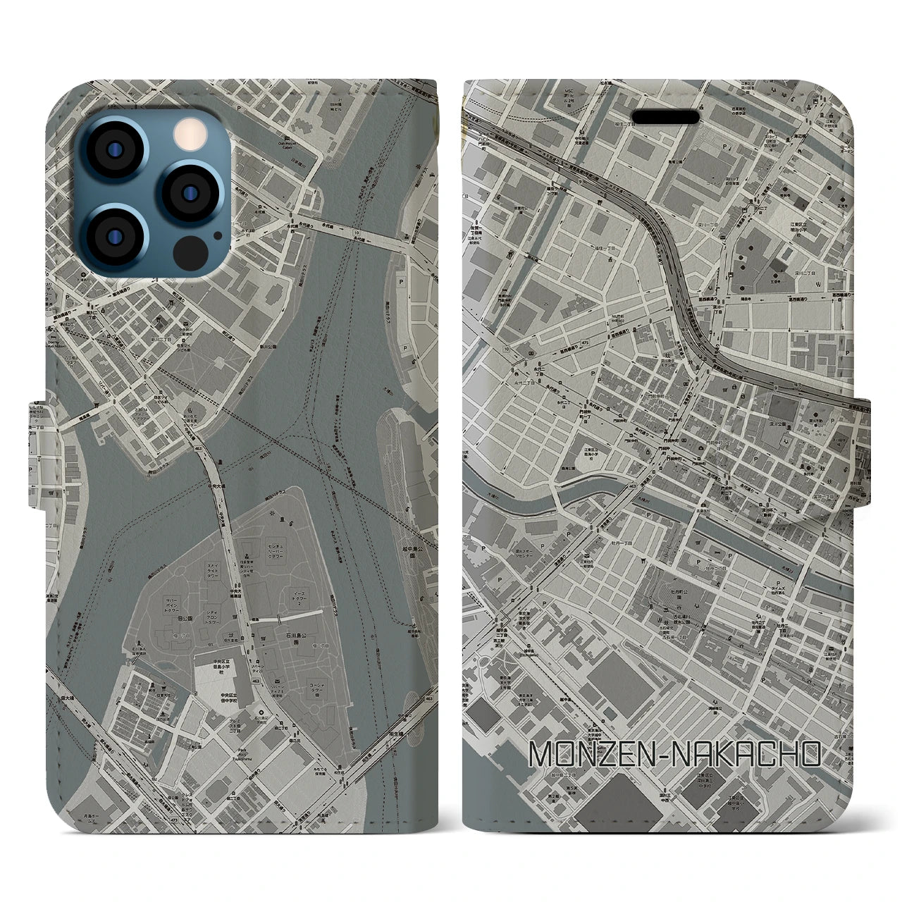 【門前仲町(東京都)】地図柄iPhoneケース(手帳タイプ)モノトーン・iPhone 12 / 12 Pro 用